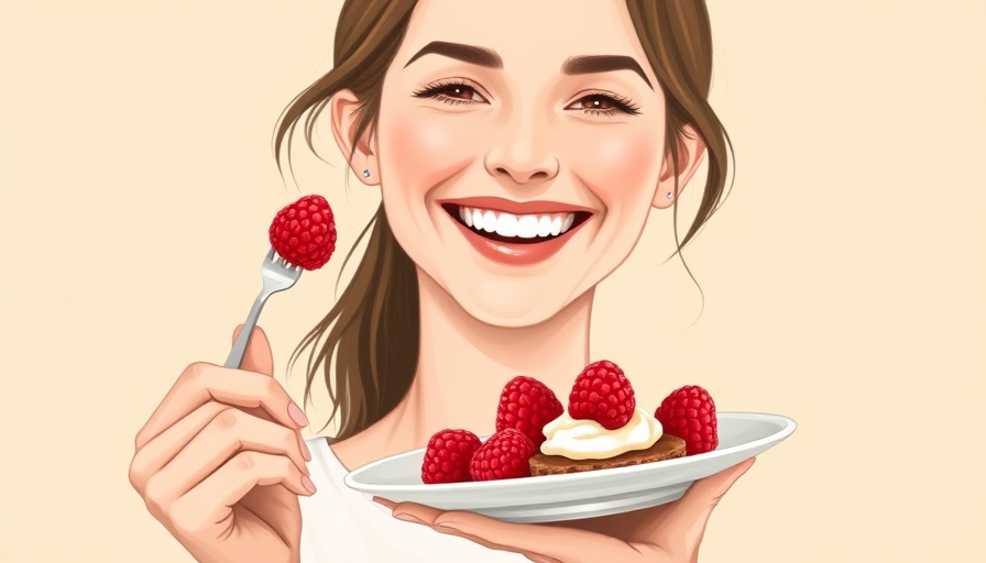 Smiling woman enjoying dessert with raspberries and feeling good.