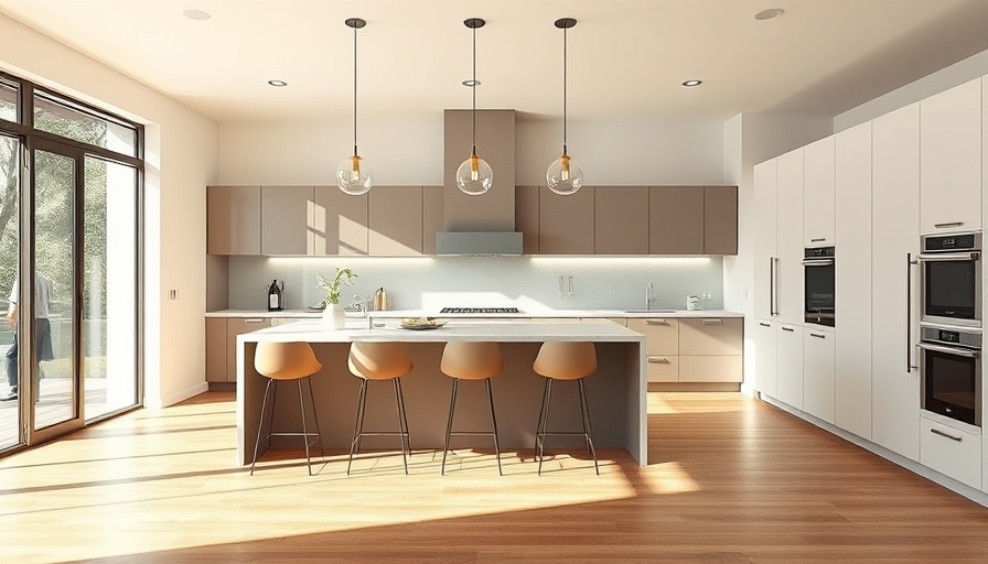 Contemporary kitchen 3D design visualization with island and bar stools.