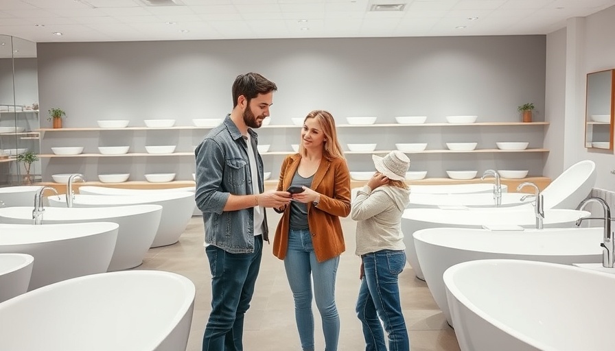 Young couple evaluating bathtubs in showroom, considerations for buying a bathtub.