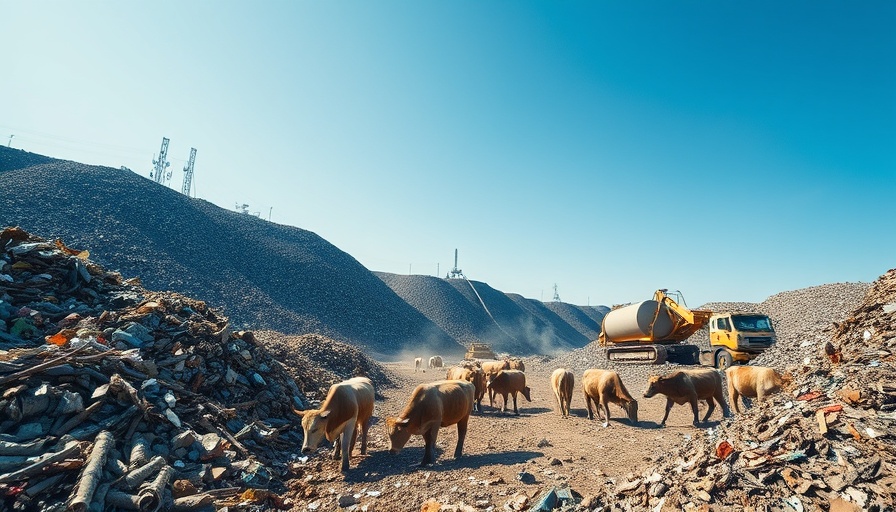Landfill site with excavators and cows, highlighting methane emissions reduction challenges.