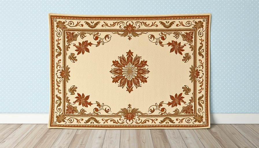 Ornate farmhouse area rug with intricate design on blue background.