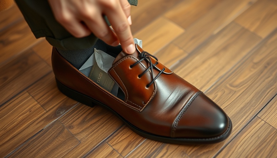 Fix smelly shoes using tea bags: tea bag inside brown shoe.