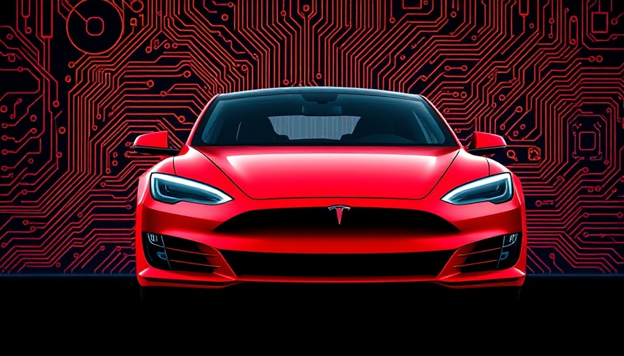 Stylized red Tesla car with circuitry backdrop, hinting Tesla Dojo shutdown.