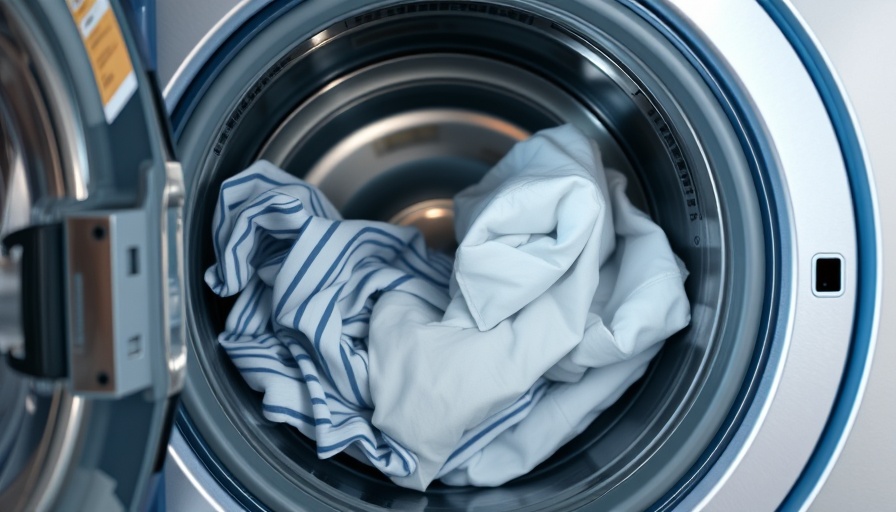 Inside view of a washing machine with striped shirts and white linens.