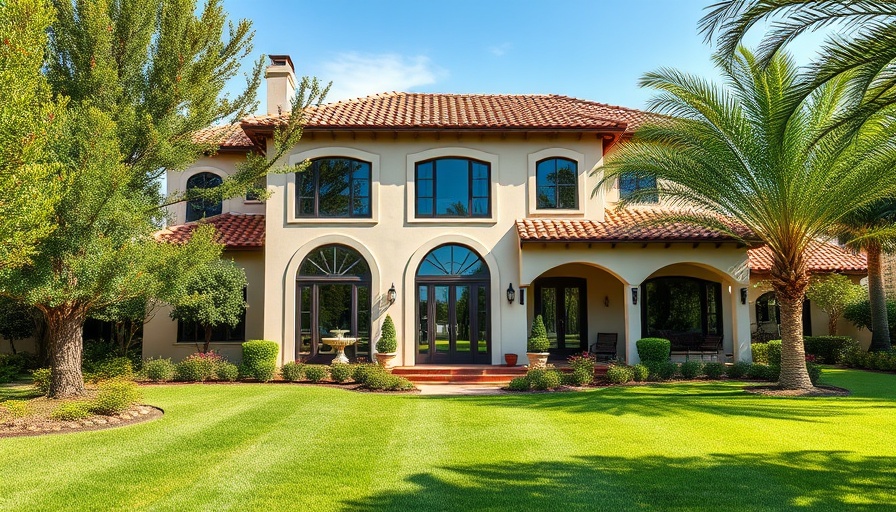 Mediterranean-style home with terracotta roof tiles and lush garden.
