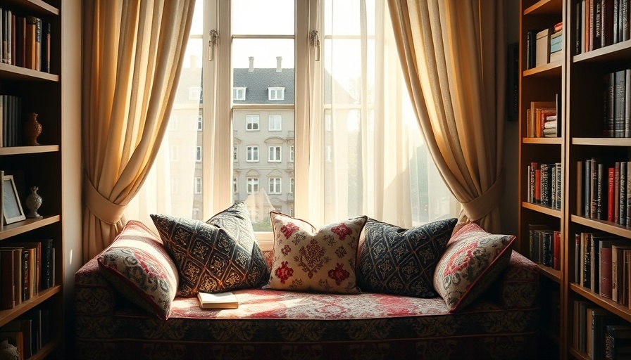 Cozy reading nook with patterned cushions and books.