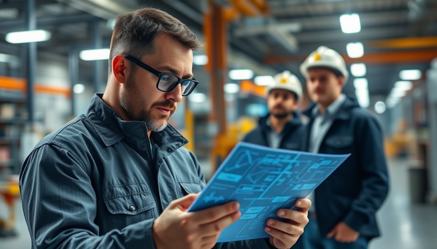 Engineer examines holographic blueprint in factory, a scene from 'find FOK959S-M model'.