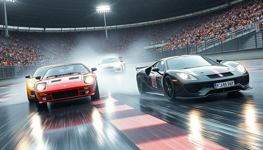 Robbie Brewer racing incident scene with cars on rainy track.