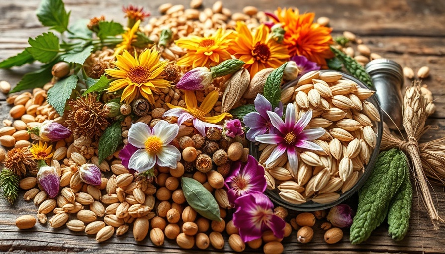 Herbal aphrodisiacs like Damiana and Oats on a rustic table.