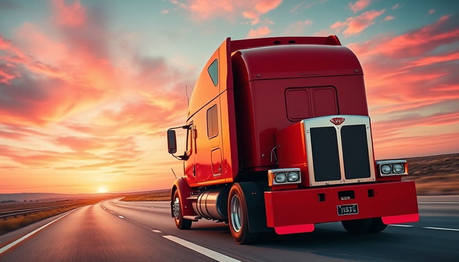 Red semi-truck on highway at sunset for sustainability in automotive