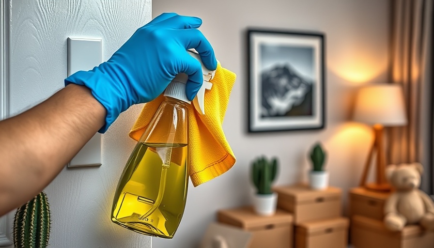 Home cleaning tips with a person wiping a light switch, illustrated items.