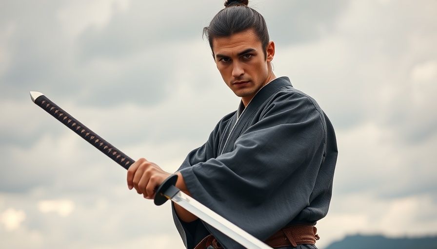 Young man with katana sword, traditional attire, cloudy sky background.