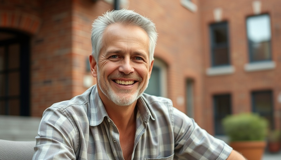 Middle-aged man smiling in front of brick building, automotive maintenance.