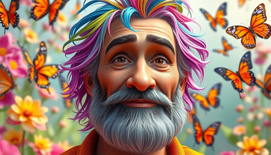 Serene mature man with colorful hair surrounded by butterflies, symbolizing overcoming resentment.