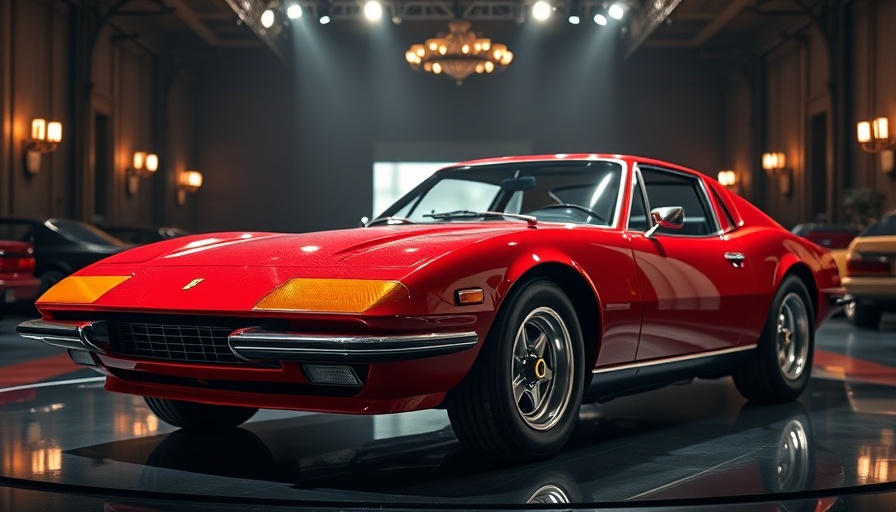 Ferrari Daytona SP3 displayed at auction with dramatic lighting.