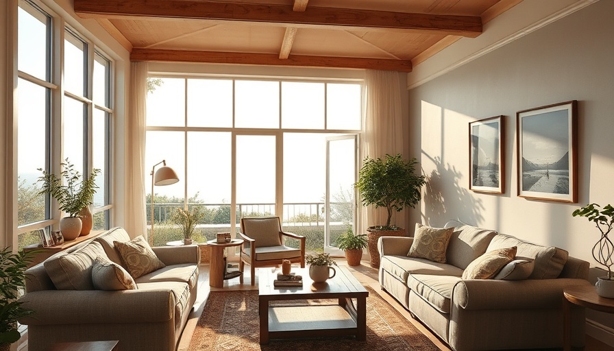 Cozy living room with pre-loved furniture and garden view.