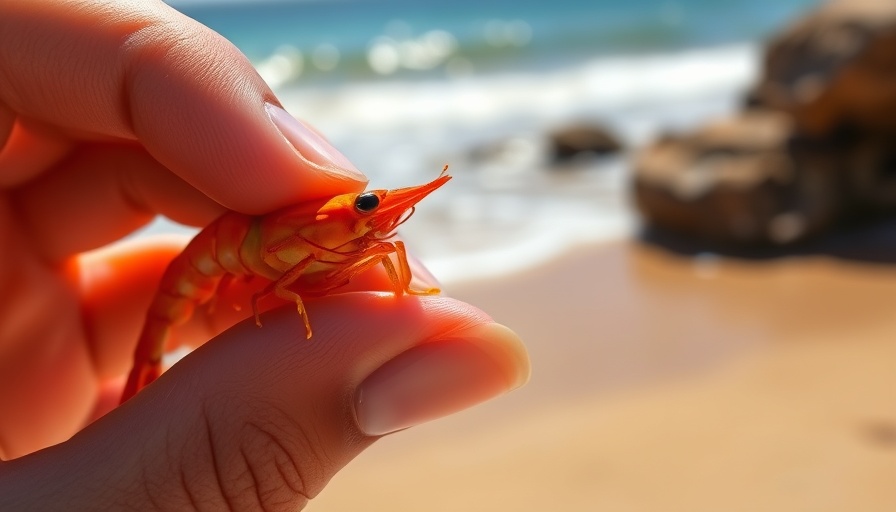 Close-up of shrimp held by hand, beach background, addressing radioactive shrimp health risks.
