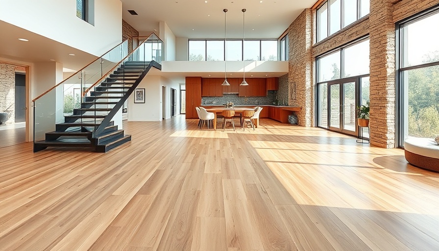 Modern living room with hardwood floors and staircase, hardwood floor installation tips.