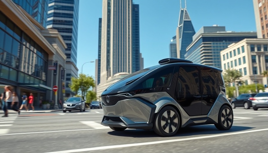 Futuristic self-driving vehicle on city street, showcasing automotive innovations.