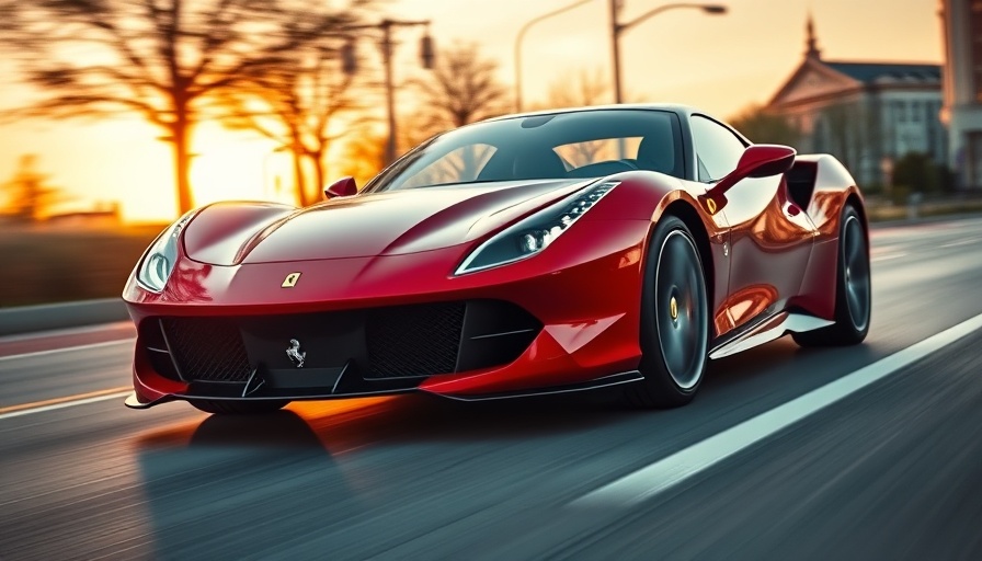 Modern Ferrari demonstrating its auto braking feature at sunset on urban street.