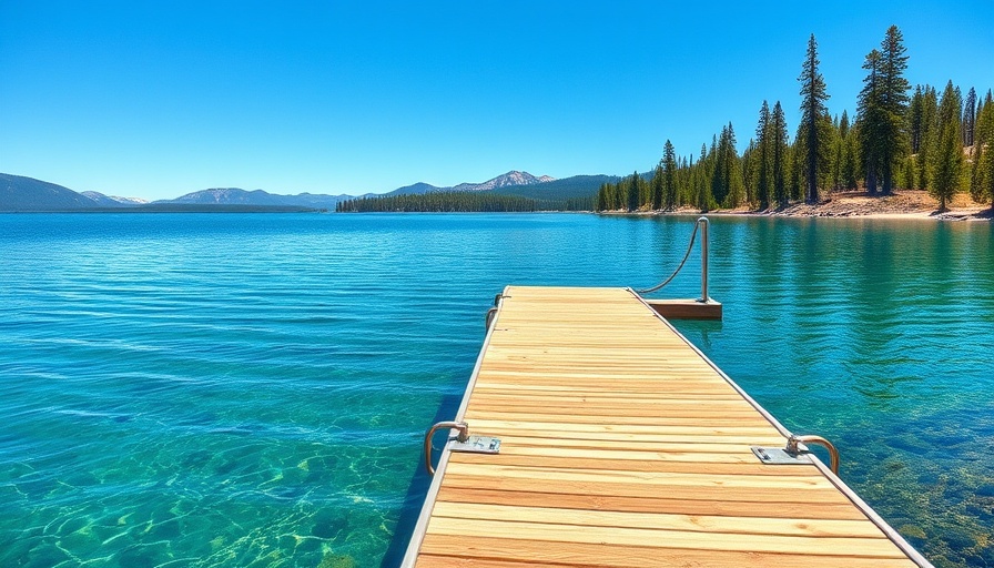 Serene dock on Lake Tahoe with clear water, emphasizing tranquility.