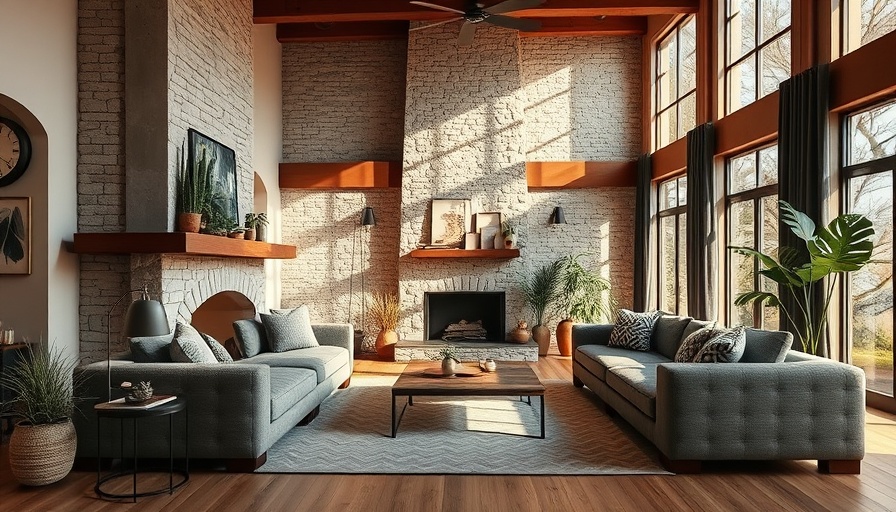 Cozy living room with stone fireplace, neutral colors, modern decor.