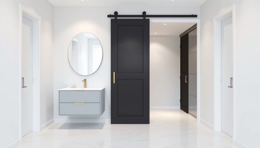 Modern bathroom with sleek door and marble floor in elegant design.