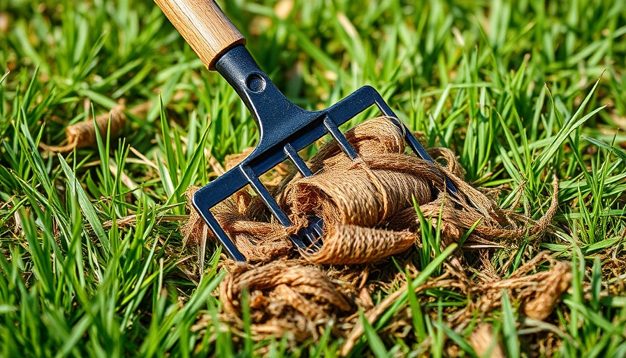 Close-up of dethatching rake removing brown thatch from lawn.