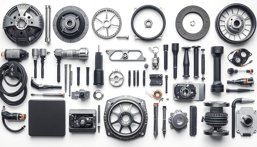 First-to-market automotive parts arranged on a white background.