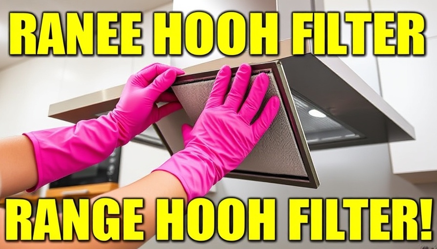 Cleaning range hood filters with pink gloves in kitchen setting, instructional ad.