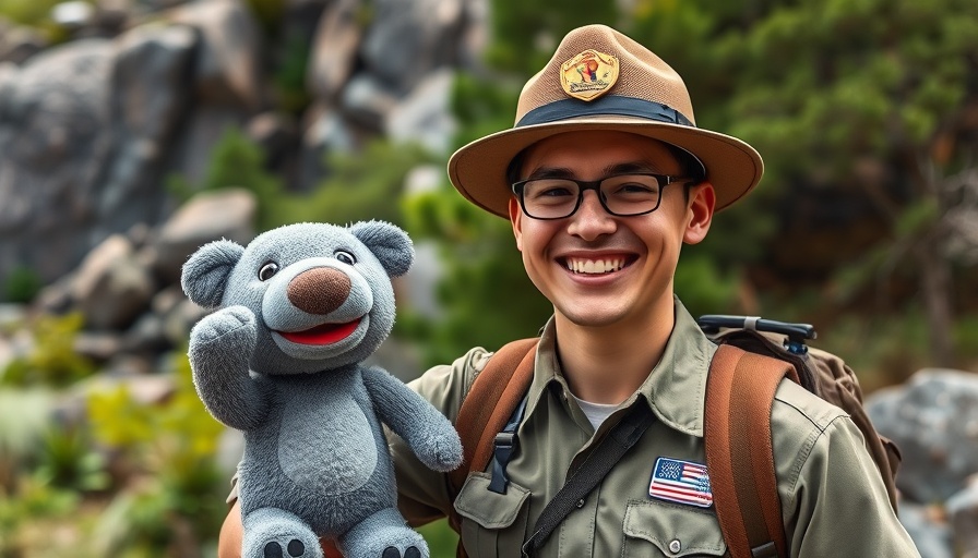 Yosemite Park ranger smiling with plush toy and binoculars outdoors.
