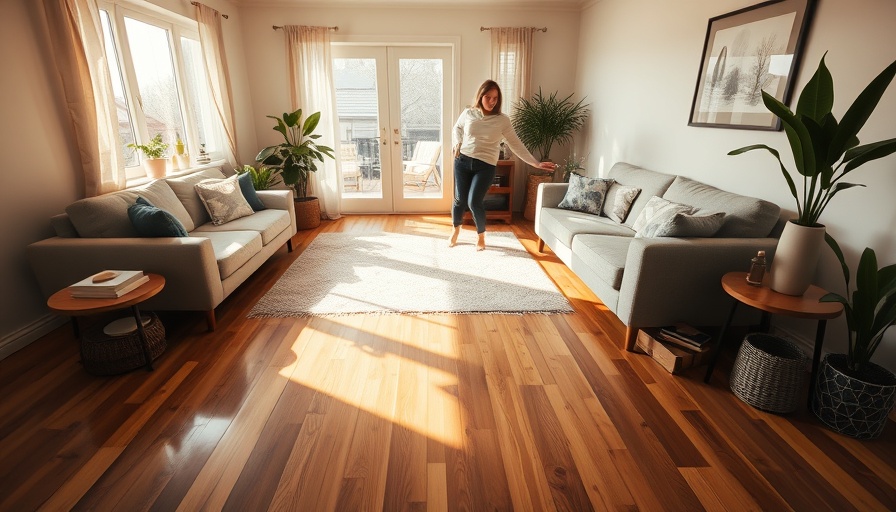 Person sweeping hardwood floor in sunlit living room.