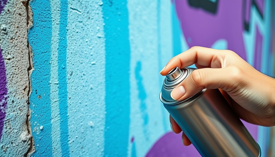 Close-up hand spray painting vibrant blue and purple wall.
