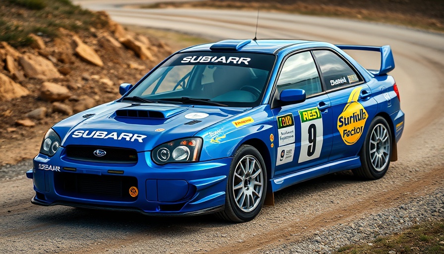 Colin McRae Subaru Impreza recce car on gravel track.