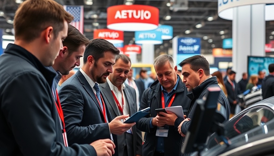 Group discussion on automotive equipment at a trade show highlighting the economic impact of automotive aftermarket.