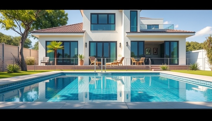 Backyard pool with safety fence in a sunny setting