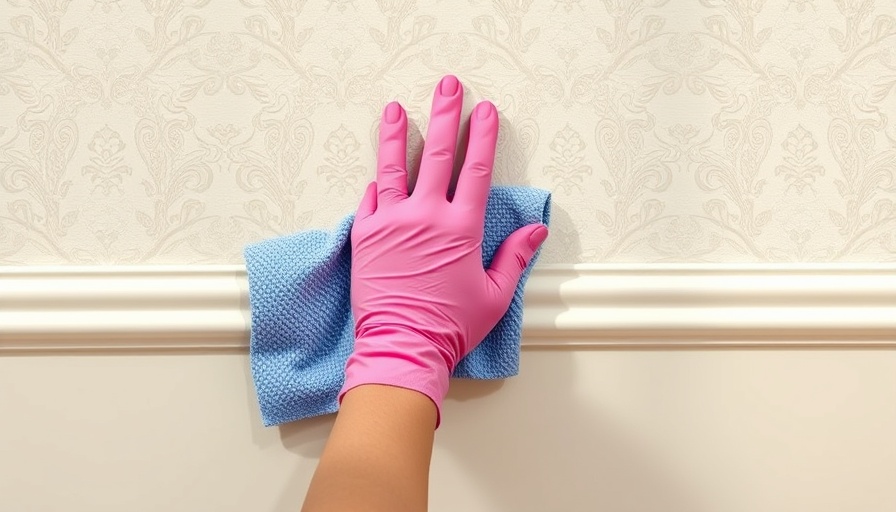 Gloved hand cleaning a baseboard with cloth, elegant room setting.