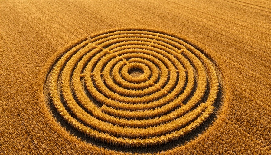Intricate spiral crop circle in a golden wheat field, crop circles explanation.