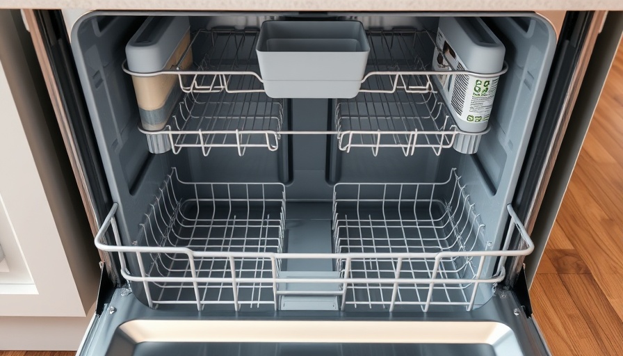 Open dishwasher showing empty racks and detergent compartment.