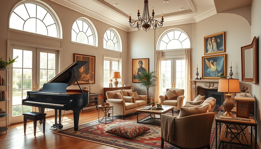 Elegant living room setup with piano and decor.