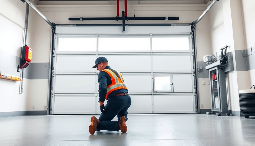 Technician ensures safety of modern garage doors in clean, bright space.