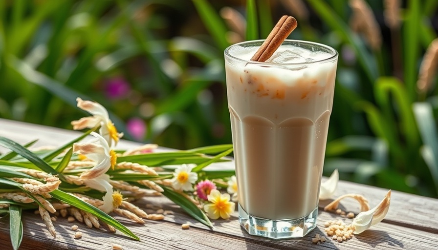 Refreshing adaptogenic iced horchata with cinnamon and flowers.
