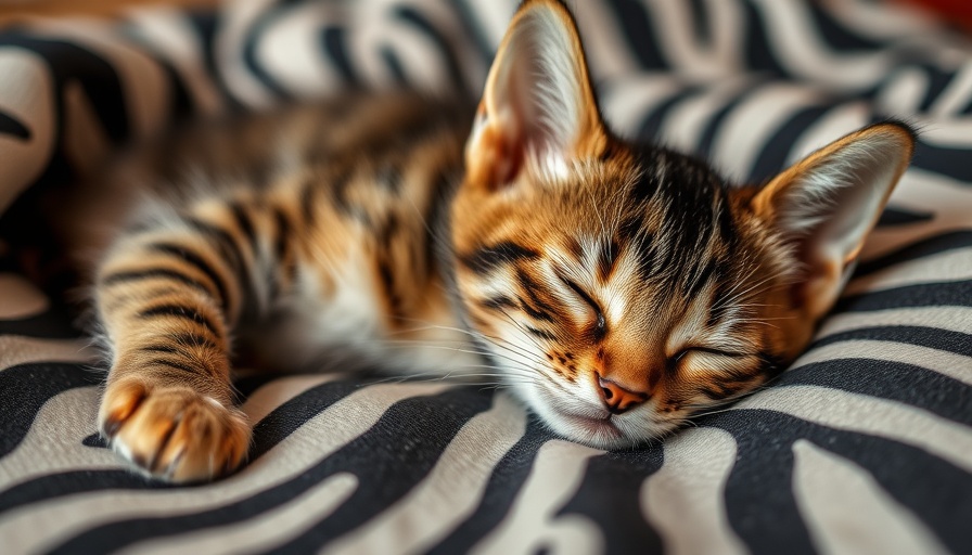 Sleeping tabby kitten with '200 Boy Cat Names' text overlay on zebra blanket.