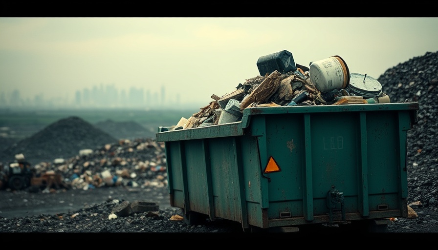 Aged dumpster overflowing with trash, neglected landfill setting.