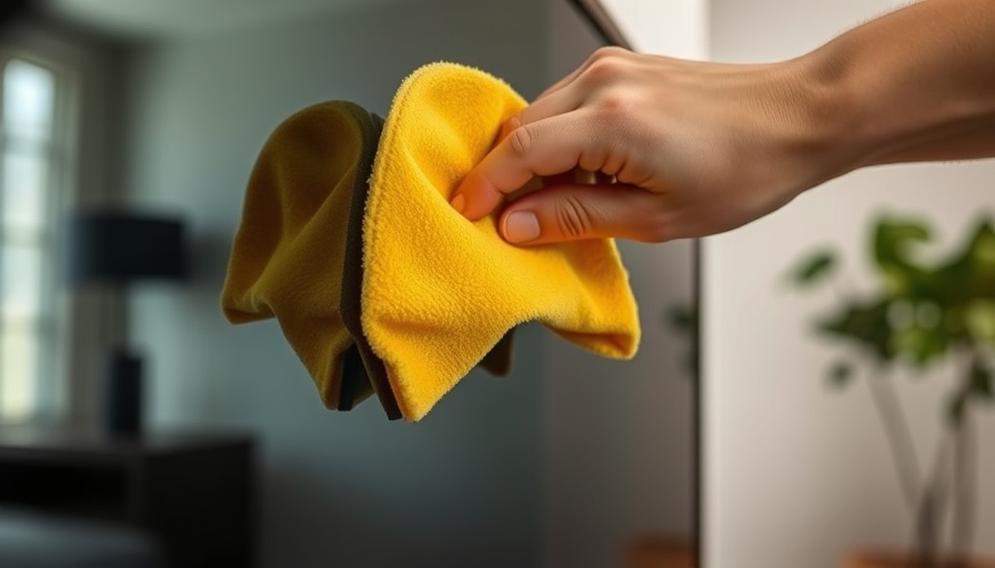 Cleaning a TV screen with a yellow microfiber cloth in soft light.