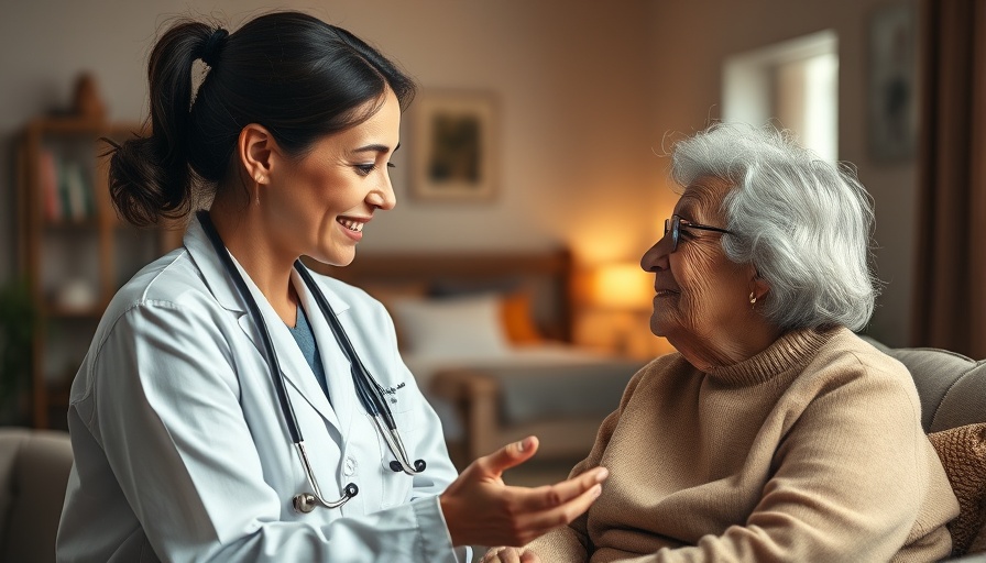 Compassionate female doctor discusses with elderly woman, highlighting home primary care benefits.