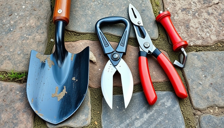 Essential gardening tools on stone pathway, including shovel and rake.