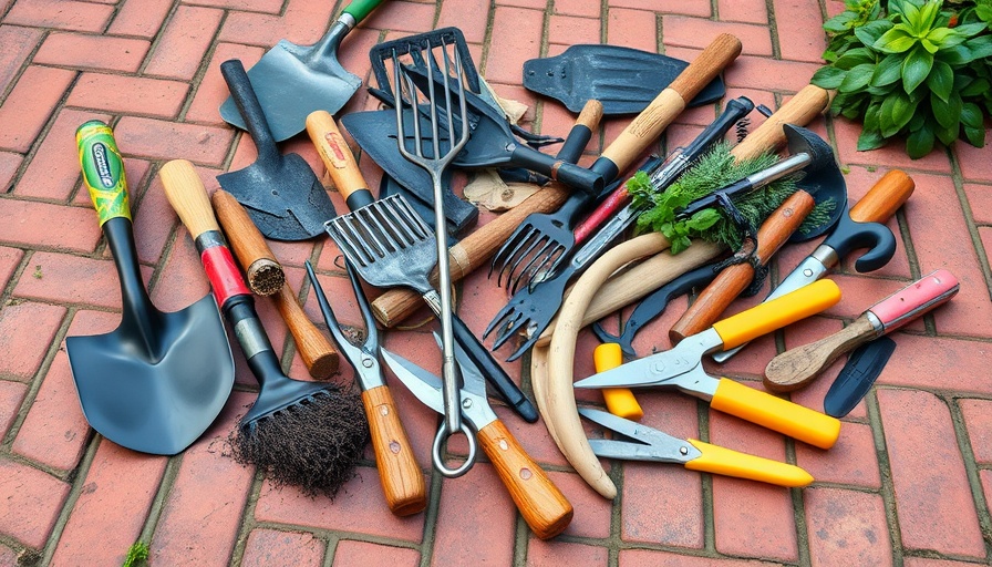 Essential Gardening Tools arranged on pavement, including shovels and rakes.