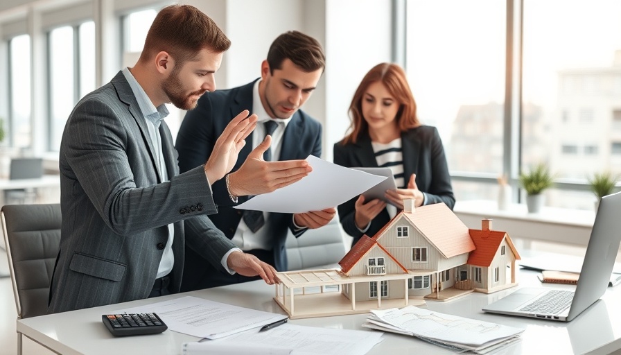 Professionals discussing property benefits using a house model and documents in London office.