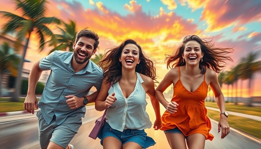 Joyful trio running in rain, better story choices, vibrant painting.